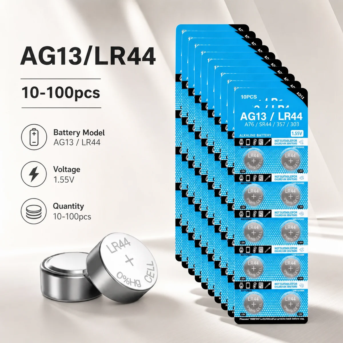 LR44 AG13 Alkaline Button Cell Battery 1.5V 30mAh, L1154 357 SR44 RW82 Compatible, For Watch, 2-50PCS Pack
LR44 AG13 Alkaline Button Cell Battery 1.5V 30mAh, L1154 357 SR44 RW82 Compatible, For Watch, 2-50PCS Pack