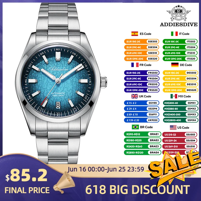 ADDIESDIVE Luxury Automatic Mechanical Watch NH35A Movement 316L Stainless Steel BGW9 Luminous 100M Water Resistant Bubble Glass
ADDIESDIVE Luxury Automatic Mechanical Watch NH35A Movement 316L Stainless Steel BGW9 Luminous 100M Water Resistant Bubble Glass
