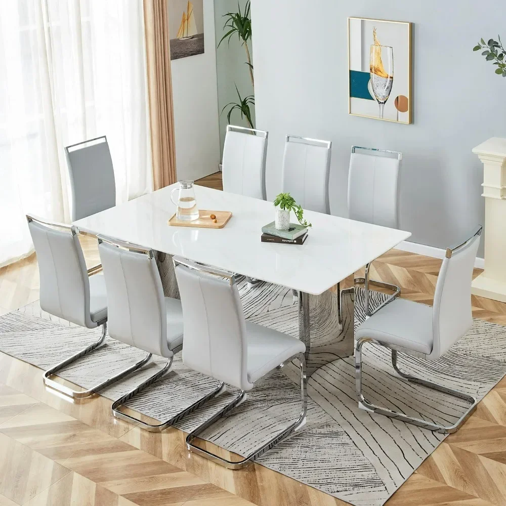 71'' Rectangular Glass Table Top with Stainless Steel Base,Large Kitchen Table with 8 Light Grey PU Leather Chairs
71'' Rectangular Glass Table Top with Stainless Steel Base,Large Kitchen Table with 8 Light Grey PU Leather Chairs