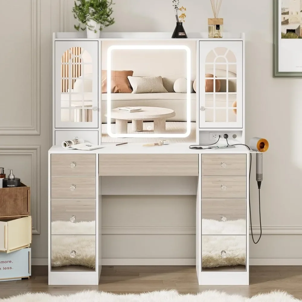 Makeup Vanity Desk with Mirror and Lights, Large Vanity Desk with Storage Cabinet and 9 Drawer with Power Strip, Vanity Table
Makeup Vanity Desk with Mirror and Lights, Large Vanity Desk with Storage Cabinet and 9 Drawer with Power Strip, Vanity Table