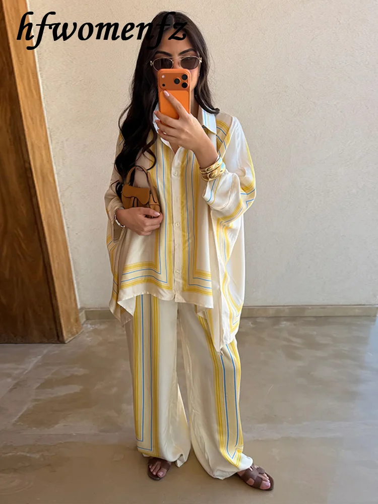 Casual Striped Loose Women's Trouser Suit Single Breasted Batwing Sleeve Top High Waist Wide Leg Pants 2026 Summer Lady Outfits
Casual Striped Loose Women's Trouser Suit Single Breasted Batwing Sleeve Top High Waist Wide Leg Pants 2026 Summer Lady Outfits