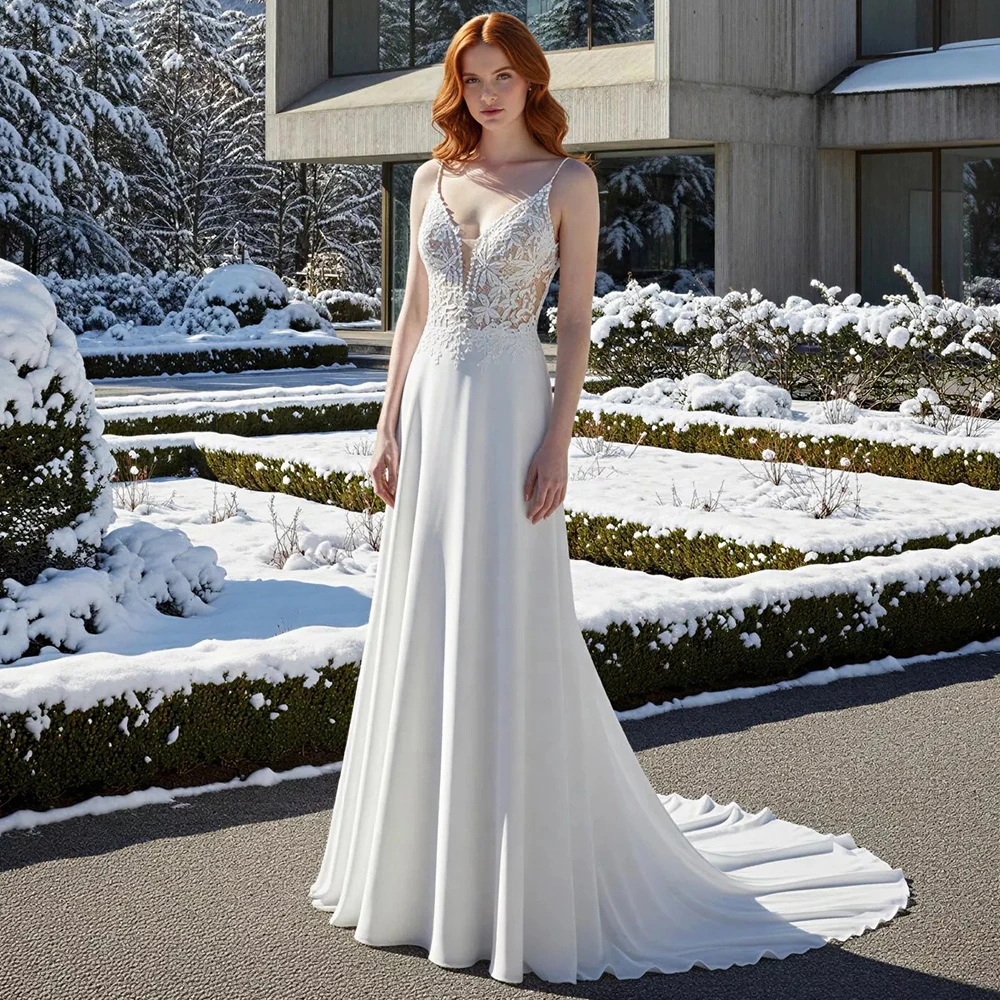 Classic White Chiffon Spaghetti Straps Wedding Dress with Sweep Train High Quality Customized Lace V-Neck
Classic White Chiffon Spaghetti Straps Wedding Dress with Sweep Train High Quality Customized Lace V-Neck