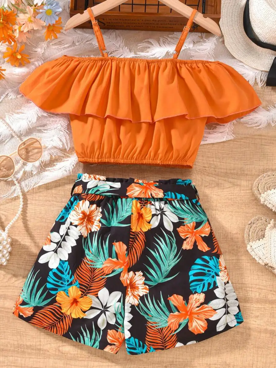 Orange Off Shoulder Ruffled Crop Top And Tropical Floral Print Shorts Set Summer Vacation
Orange Off Shoulder Ruffled Crop Top And Tropical Floral Print Shorts Set Summer Vacation