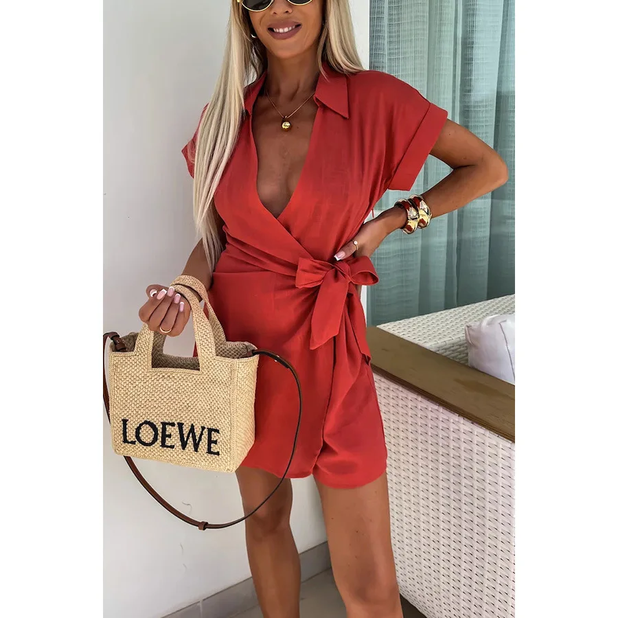Summer Women's V-neck Tie Up Loose Rompers Casual Solid Holiday Shorts Jumpsuit Cotton Linen Breathable Simple Office Playsuits
Summer Women's V-neck Tie Up Loose Rompers Casual Solid Holiday Shorts Jumpsuit Cotton Linen Breathable Simple Office Playsuits
