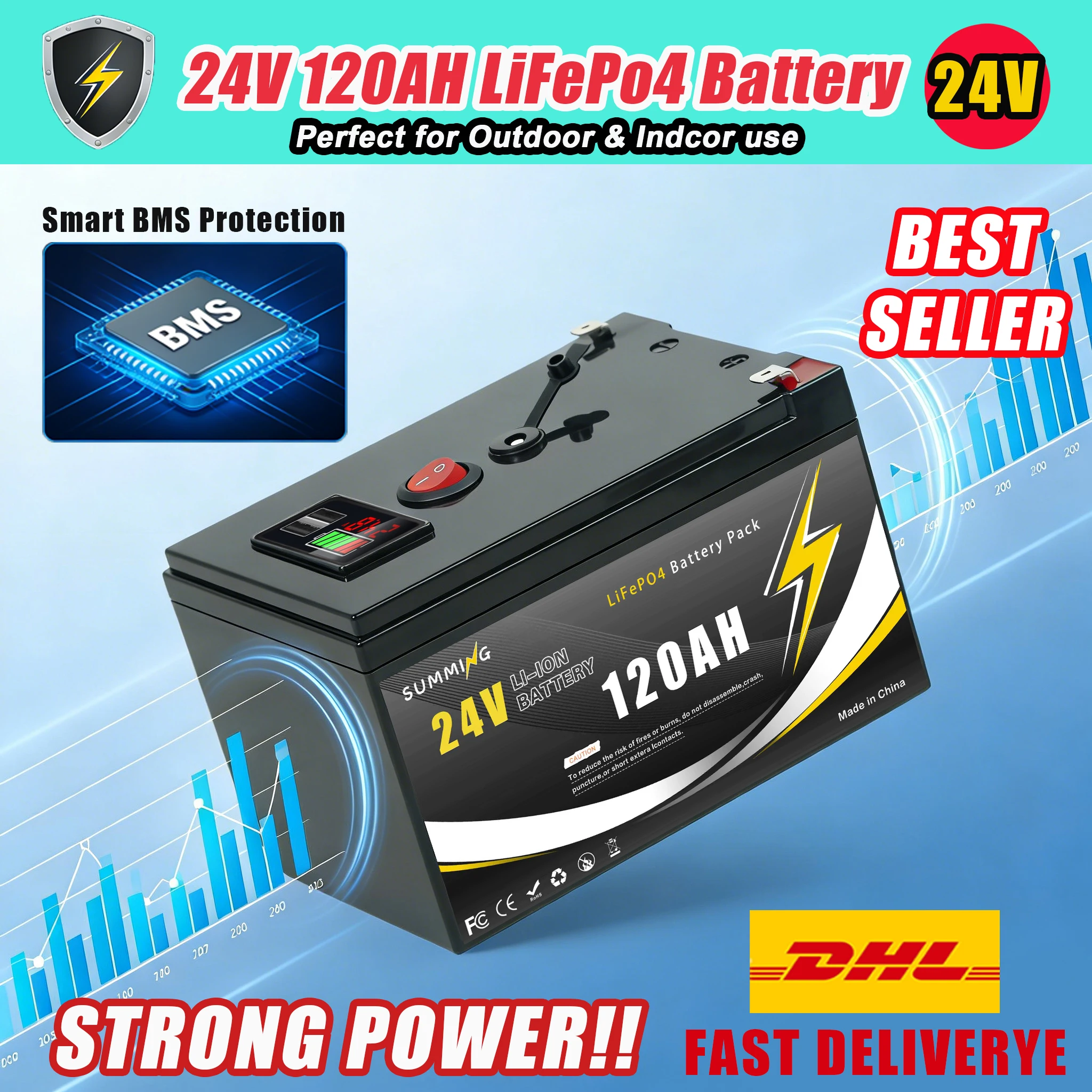 24V Lithium Battery 120AH LiFePO4 Battery with Smart BMS-Ideal for Solar Power, RVMarine&Off-Grid Home Energy Storage
24V Lithium Battery 120AH LiFePO4 Battery with Smart BMS-Ideal for Solar Power, RVMarine&Off-Grid Home Energy Storage