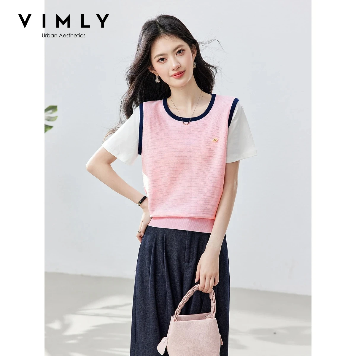VIMLY Fashion Faux Two-Piece Knit T-shirt for Women 2026 Summer Crew Neck Color Block Short Sleeve Casual Versatile Top 30921
VIMLY Fashion Faux Two-Piece Knit T-shirt for Women 2026 Summer Crew Neck Color Block Short Sleeve Casual Versatile Top 30921