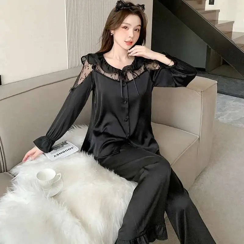 Temperament Noble Summer Satin New Pajamas Women Ice Silk Cardigan Hollow Lotus Collar Loungewear Elegant Lace Pyjamas Sets Pj
Temperament Noble Summer Satin New Pajamas Women Ice Silk Cardigan Hollow Lotus Collar Loungewear Elegant Lace Pyjamas Sets Pj