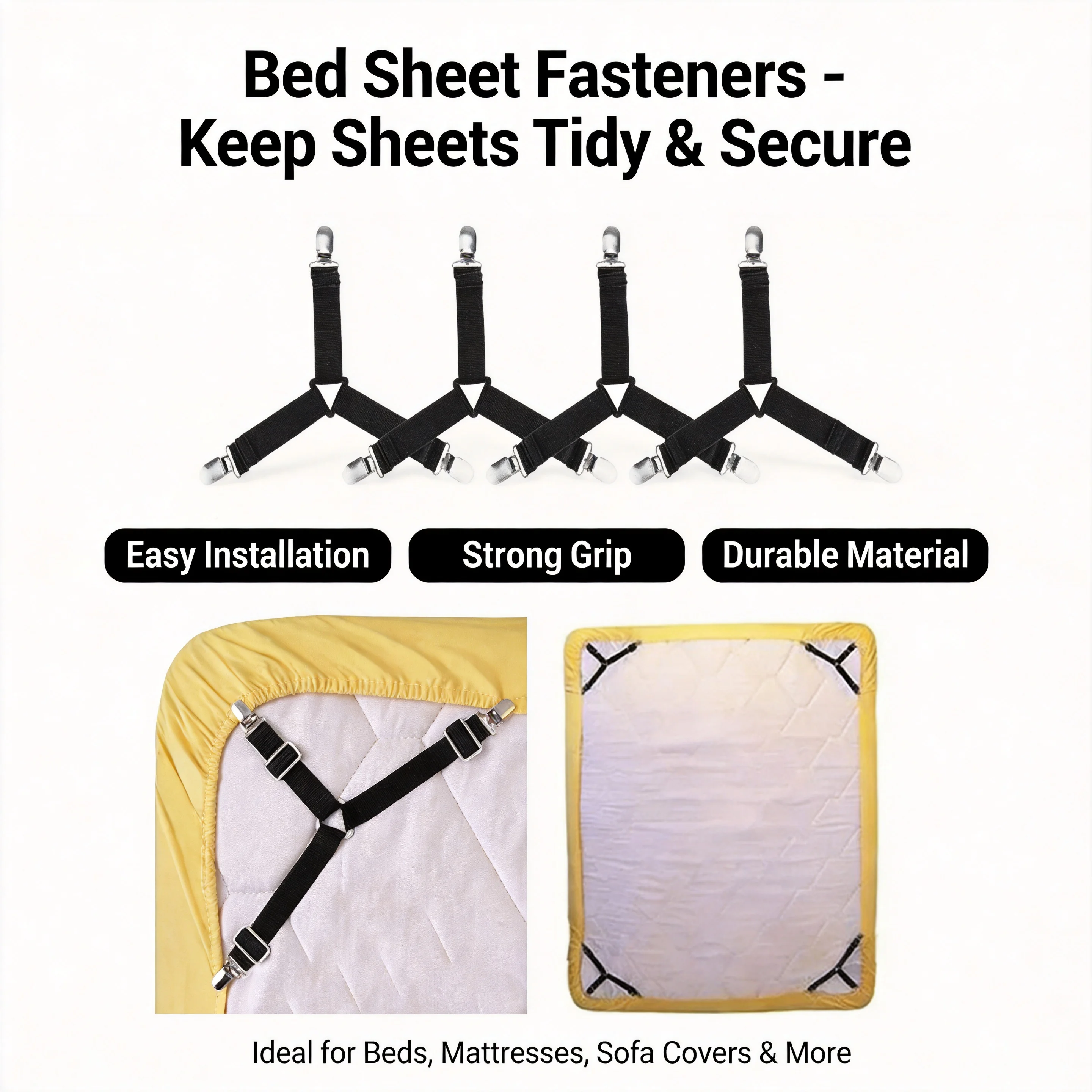 4Pcs/Lot Bed Sheet Fasteners Sheet Holder Gadgets for Mattress Cover Bed Sheet Organizer with Elastic Straps & Adjustable Clips
4Pcs/Lot Bed Sheet Fasteners Sheet Holder Gadgets for Mattress Cover Bed Sheet Organizer with Elastic Straps & Adjustable Clips