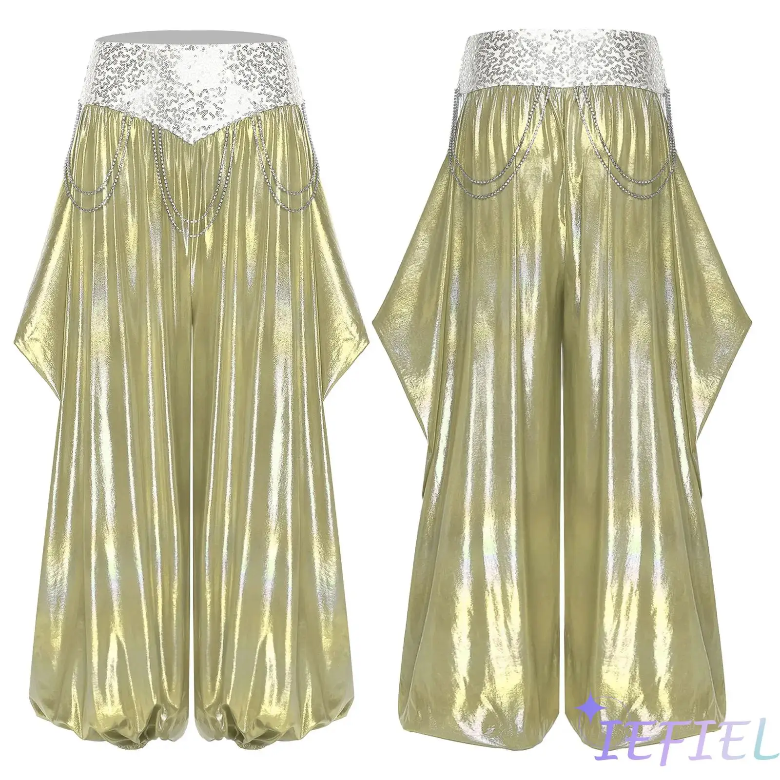 Women Belly Dance Pants Sparkling Sequins Waistband Rhinestone Chains Cutout Loose Bloomers for Arabian Cosplay Carnival Costume
Women Belly Dance Pants Sparkling Sequins Waistband Rhinestone Chains Cutout Loose Bloomers for Arabian Cosplay Carnival Costume