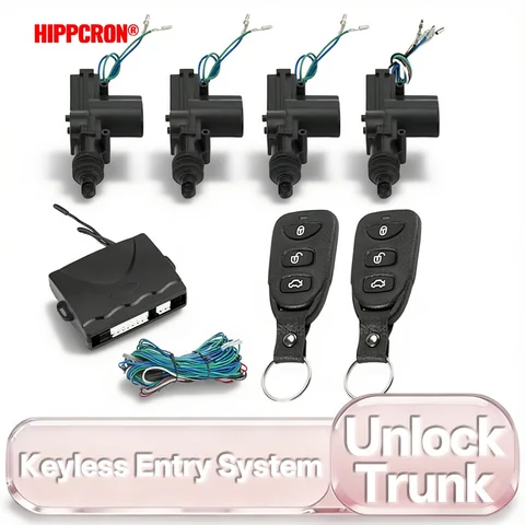 Hippcron 12V Car Remote Control Lock Door Keyless Entry System Locking Kit with 4 Door Lock Actuator Universal2 Remote Control