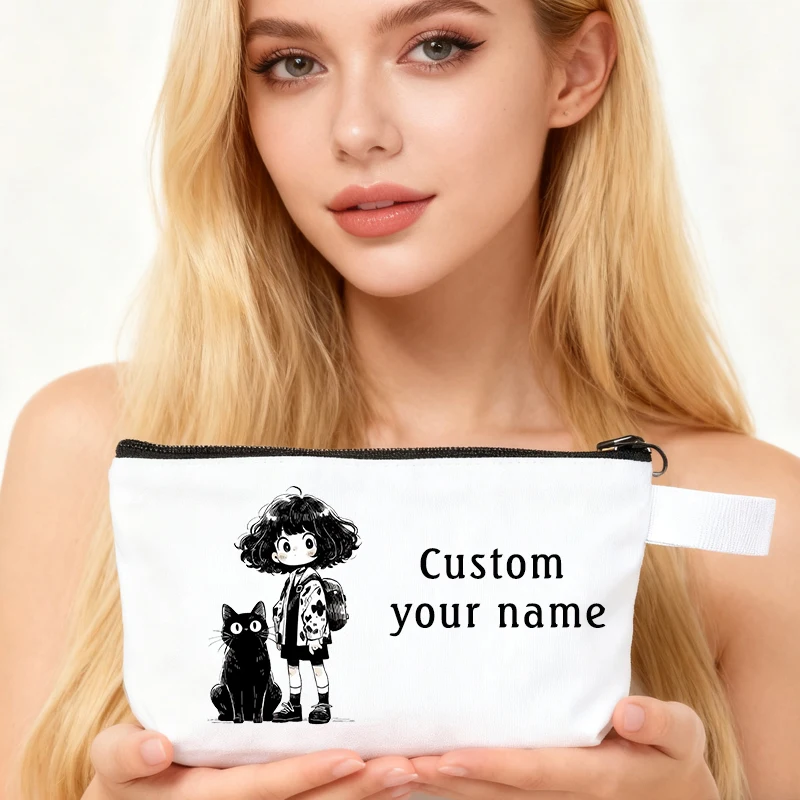 Custom Name Makeup Bag Cute Girl and Black Cat Pattern Stationery Organizer Travel Pouch Lady Zipper Canvas Bag Pencil Cases
Custom Name Makeup Bag Cute Girl and Black Cat Pattern Stationery Organizer Travel Pouch Lady Zipper Canvas Bag Pencil Cases