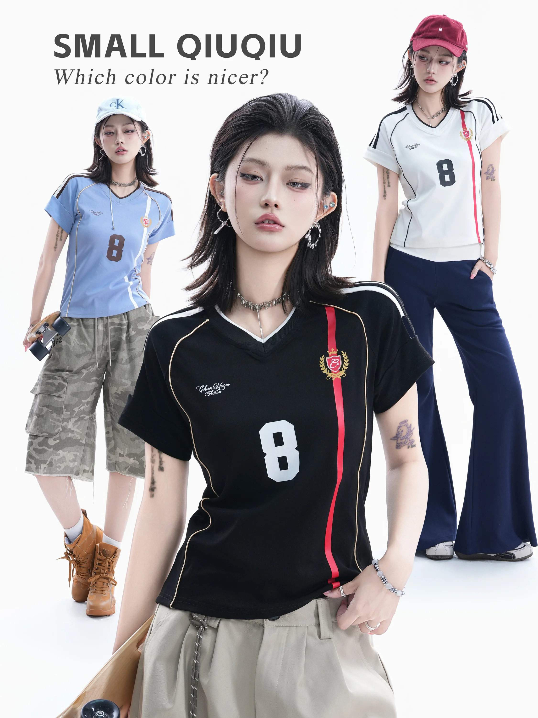 Retro American Small Ball Number 8 Short Sleeve V-neck T-shirt Women's Slim Fit Sporty Trendy Short Top City Walk Cotton Blend
Retro American Small Ball Number 8 Short Sleeve V-neck T-shirt Women's Slim Fit Sporty Trendy Short Top City Walk Cotton Blend