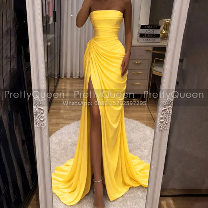 Gold Yellow Long Evening Dress Pleat Mermaid Side Split Customized Sheath Prom Dresses For Women
Gold Yellow Long Evening Dress Pleat Mermaid Side Split Customized Sheath Prom Dresses For Women