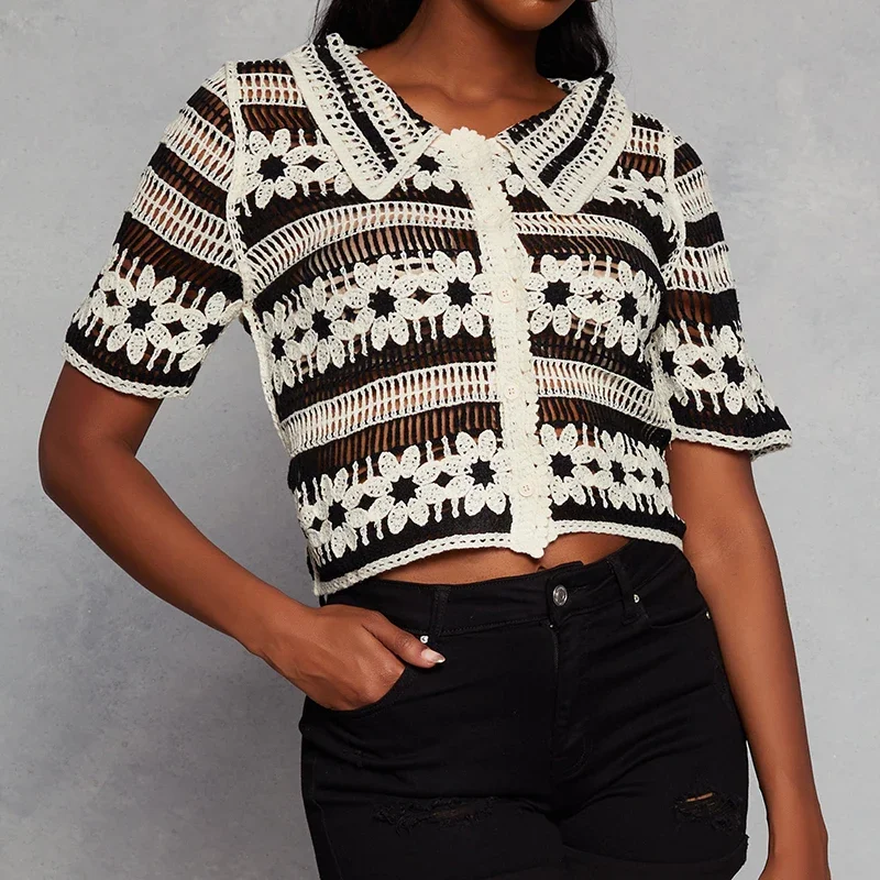 Floral Crochet Vest Top Collared Button-up Short Sleeve Sheer Crop Open Knit Top Cardigan Women Summer Boho Chic Beach Outfit
Floral Crochet Vest Top Collared Button-up Short Sleeve Sheer Crop Open Knit Top Cardigan Women Summer Boho Chic Beach Outfit