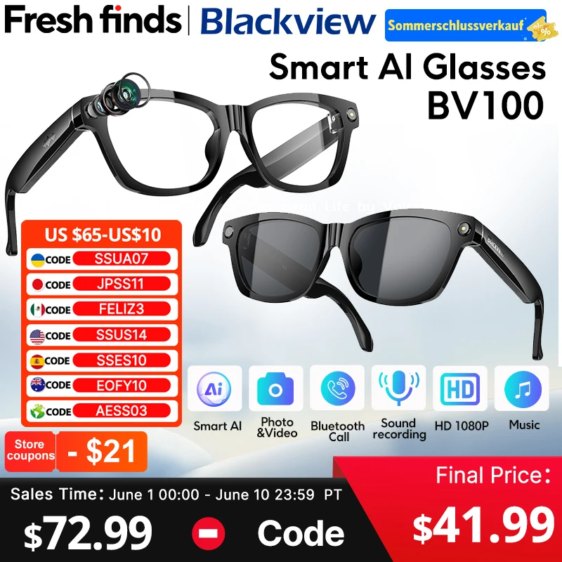 【World premiere】Blackview BV100 AI Smart glasses 800W Pixels 2K HD camera Bluetooth Call Voice Assistant Smart Glasses
【World premiere】Blackview BV100 AI Smart glasses 800W Pixels 2K HD camera Bluetooth Call Voice Assistant Smart Glasses