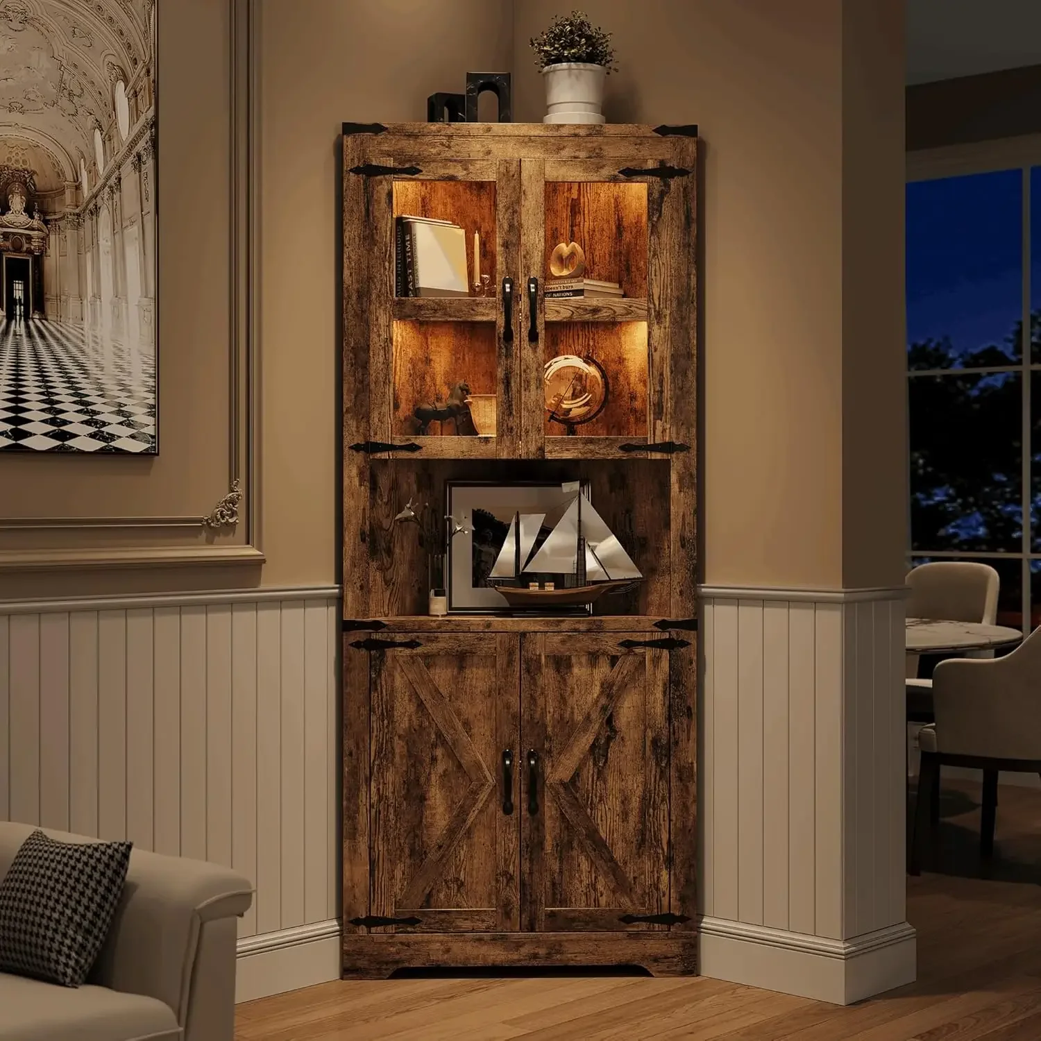 67 Inch Tall Brown Wooden Corner Storage Cabinet With Glass Doors Lights For Kitchen Living Room Bathroom
67 Inch Tall Brown Wooden Corner Storage Cabinet With Glass Doors Lights For Kitchen Living Room Bathroom