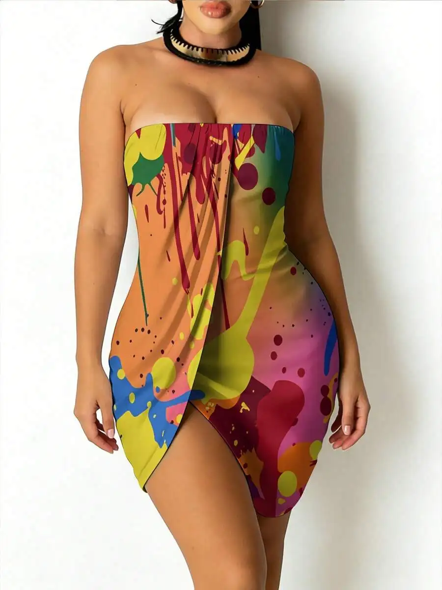 Women Strapless Bodycon Dress With Colorful Paint Splatter Abstract Print For Party Casual Wear
Women Strapless Bodycon Dress With Colorful Paint Splatter Abstract Print For Party Casual Wear