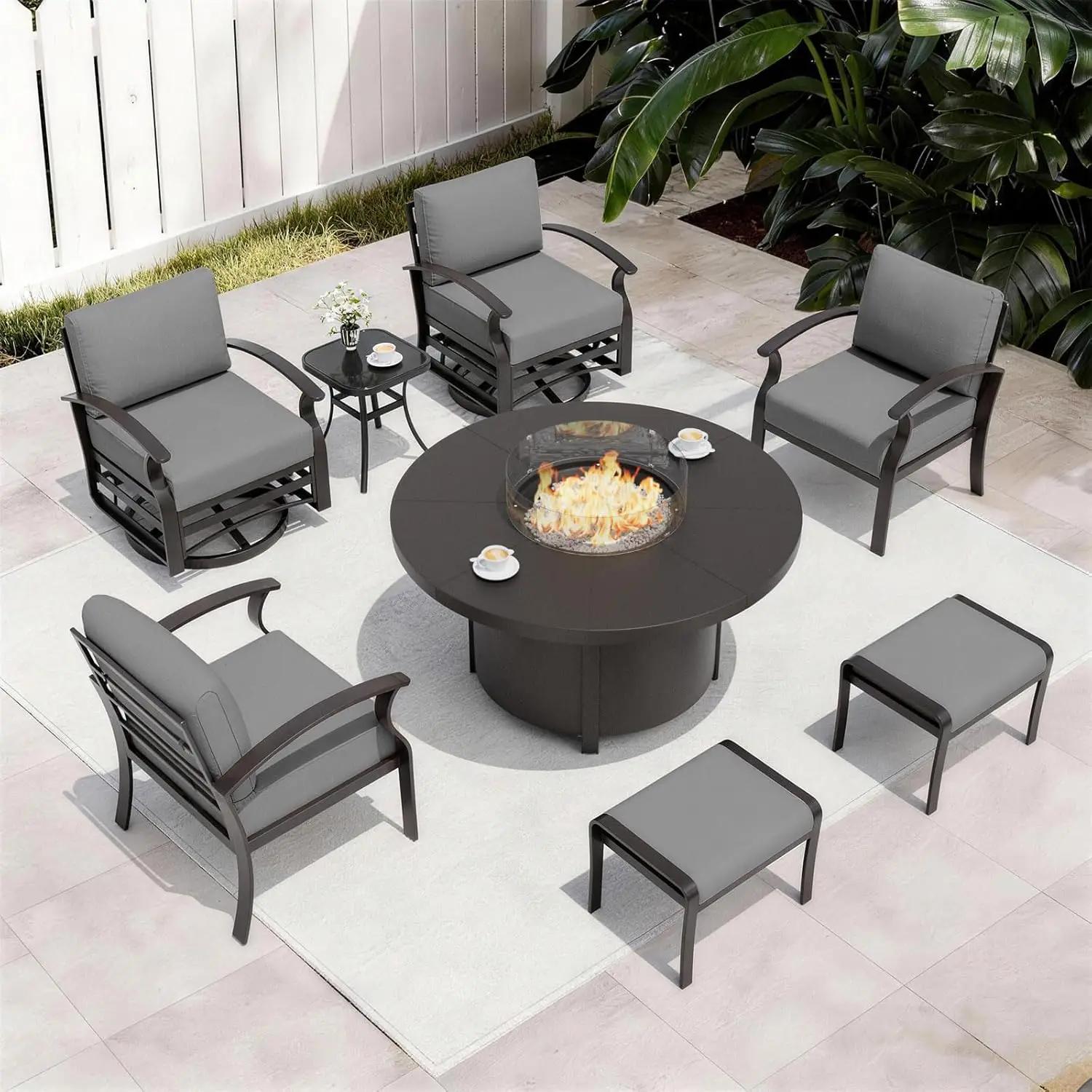 Aluminum Patio Furniture Set with Round Propane Fire Pit Table 6-seat Metal Outdoor Furniture w/Swivel Chairs & 2, Customized
Aluminum Patio Furniture Set with Round Propane Fire Pit Table 6-seat Metal Outdoor Furniture w/Swivel Chairs & 2, Customized