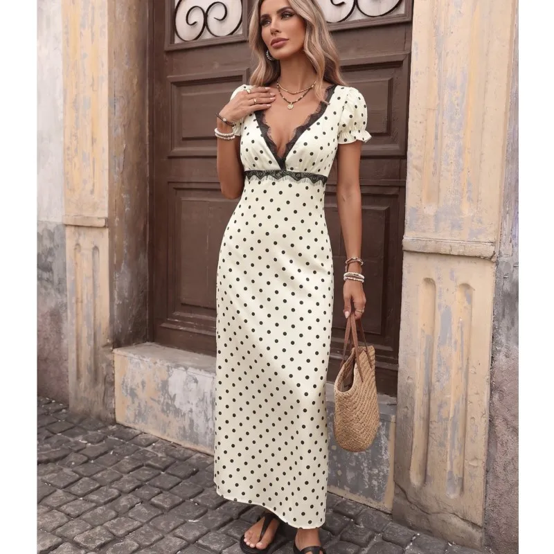 Elegant Polka Dot Print Loose Dress Women's Fashion Lace Splice Design Sexy Backless Robe Beautiful Vacation Vestidos For Ladies
Elegant Polka Dot Print Loose Dress Women's Fashion Lace Splice Design Sexy Backless Robe Beautiful Vacation Vestidos For Ladies