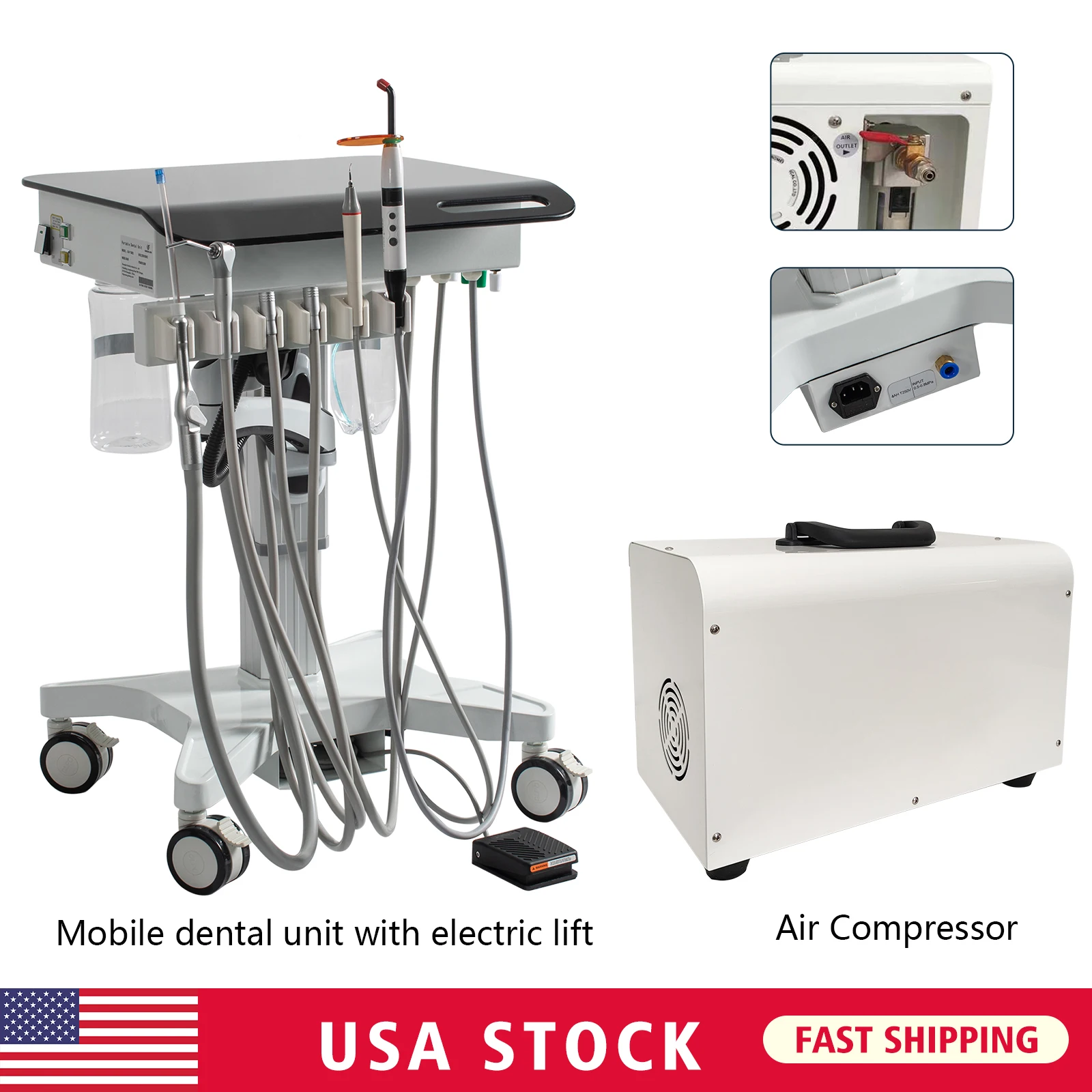 Adjustable Dental Mobile Delivery Cart Treatment Unit System with Electric lift Curing Light +Ultrasonic Scaler/Air Compressor
Adjustable Dental Mobile Delivery Cart Treatment Unit System with Electric lift Curing Light +Ultrasonic Scaler/Air Compressor