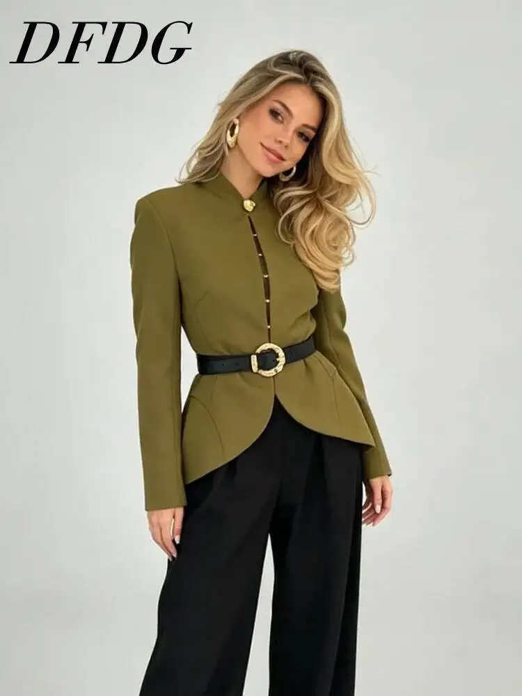 DFDG Women 2026 Spring Summer Belted Peplum Blazer Stand Collar Long Sleeve Slim Fit Elegant Office Fashion Formal Jacket
DFDG Women 2026 Spring Summer Belted Peplum Blazer Stand Collar Long Sleeve Slim Fit Elegant Office Fashion Formal Jacket