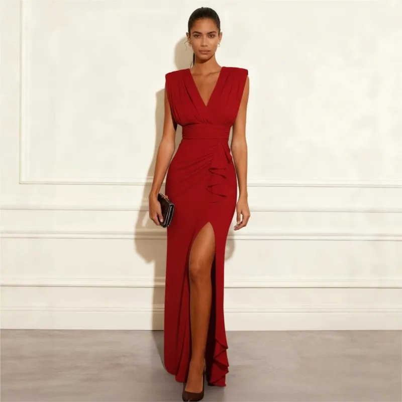 Elegant Evening Dress For Women V-neck Sleeveless Split Gowns Straight Slim Evening Party Bodycon Solid Long Dresses Vestidos
Elegant Evening Dress For Women V-neck Sleeveless Split Gowns Straight Slim Evening Party Bodycon Solid Long Dresses Vestidos