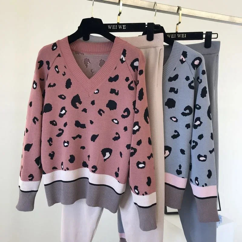 Casual Loose V-neck Sweater Pullovers Conjunto Leopard Print Knitted 2 Piece Sets For Contrast Color Harem Pants Outfits Z294
Casual Loose V-neck Sweater Pullovers Conjunto Leopard Print Knitted 2 Piece Sets For Contrast Color Harem Pants Outfits Z294