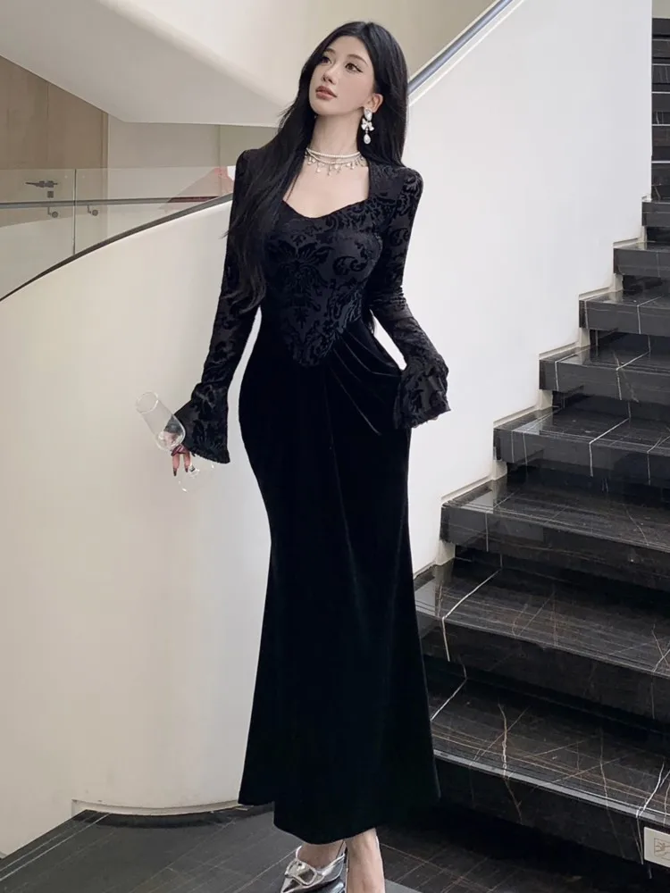 Vintage Mermaid Dresses for Women Elegant Flare Long Sleeves Lace Velvet Patchwork Birthday Party Prom Vestidos Female Clothing
Vintage Mermaid Dresses for Women Elegant Flare Long Sleeves Lace Velvet Patchwork Birthday Party Prom Vestidos Female Clothing