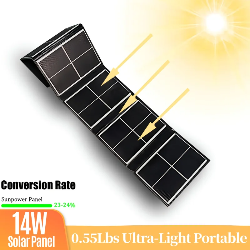 24% Efficiency 14W Foldable Solar Charger, 0.55Lbs Ultra-Light Portable Solar Panel with Smart USB for iPhone/Android/Camera
24% Efficiency 14W Foldable Solar Charger, 0.55Lbs Ultra-Light Portable Solar Panel with Smart USB for iPhone/Android/Camera