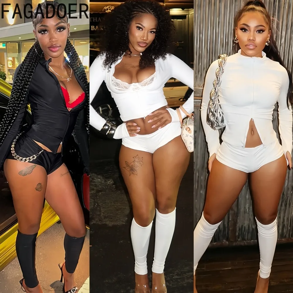 FAGADOER Casual Women 2Piece Set Outfit Solid Color Zipper Long Sleeve Crop Top and Shorts Matching Female Streetwear Clothing 
FAGADOER Casual Women 2Piece Set Outfit Solid Color Zipper Long Sleeve Crop Top and Shorts Matching Female Streetwear Clothing