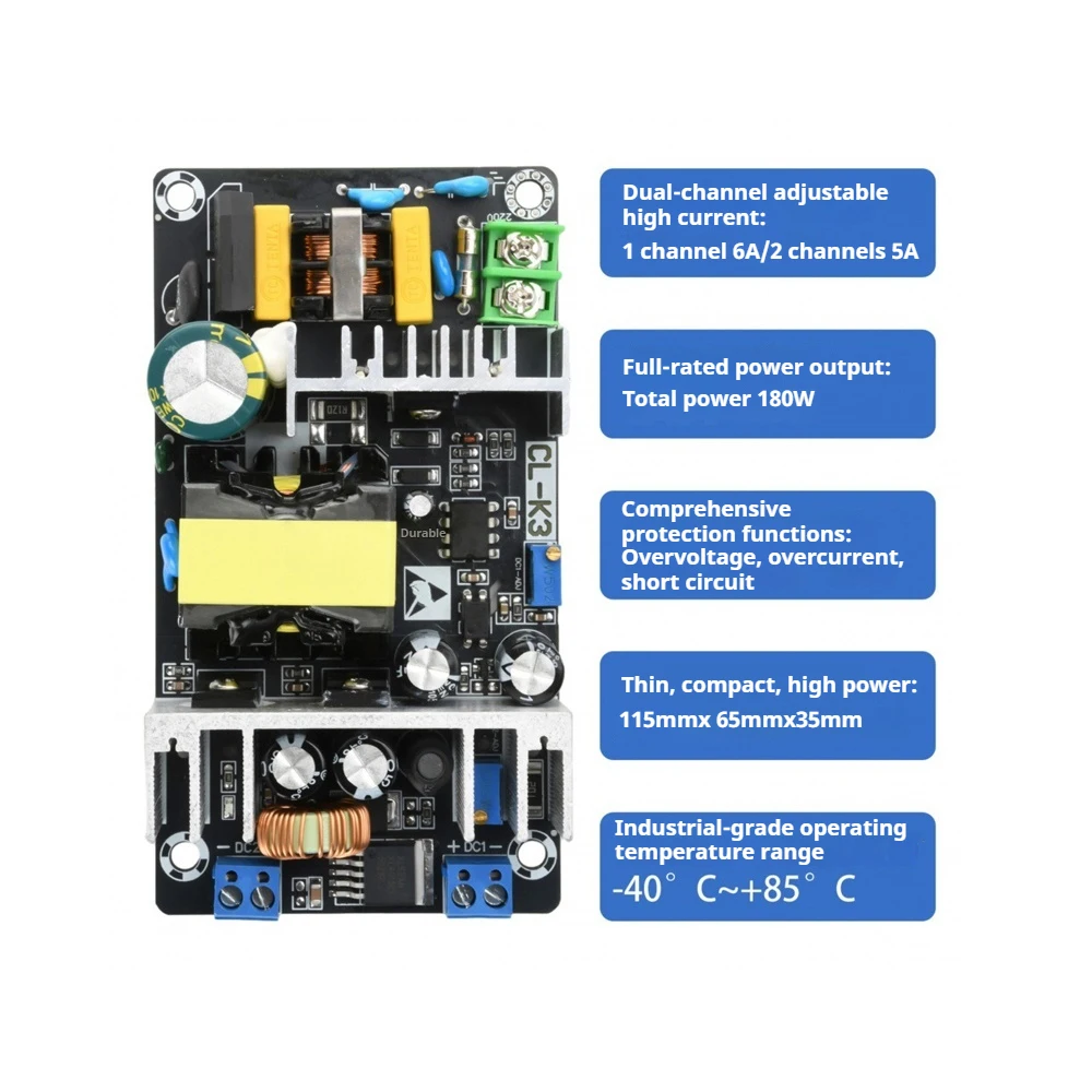 AC100-240V/DC141-339V to DC18-33V/DC1.25-31V Dual-channel 180W Industrial Power Module Dual Output Adjustable AC/DC-DC Converter
AC100-240V/DC141-339V to DC18-33V/DC1.25-31V Dual-channel 180W Industrial Power Module Dual Output Adjustable AC/DC-DC Converter