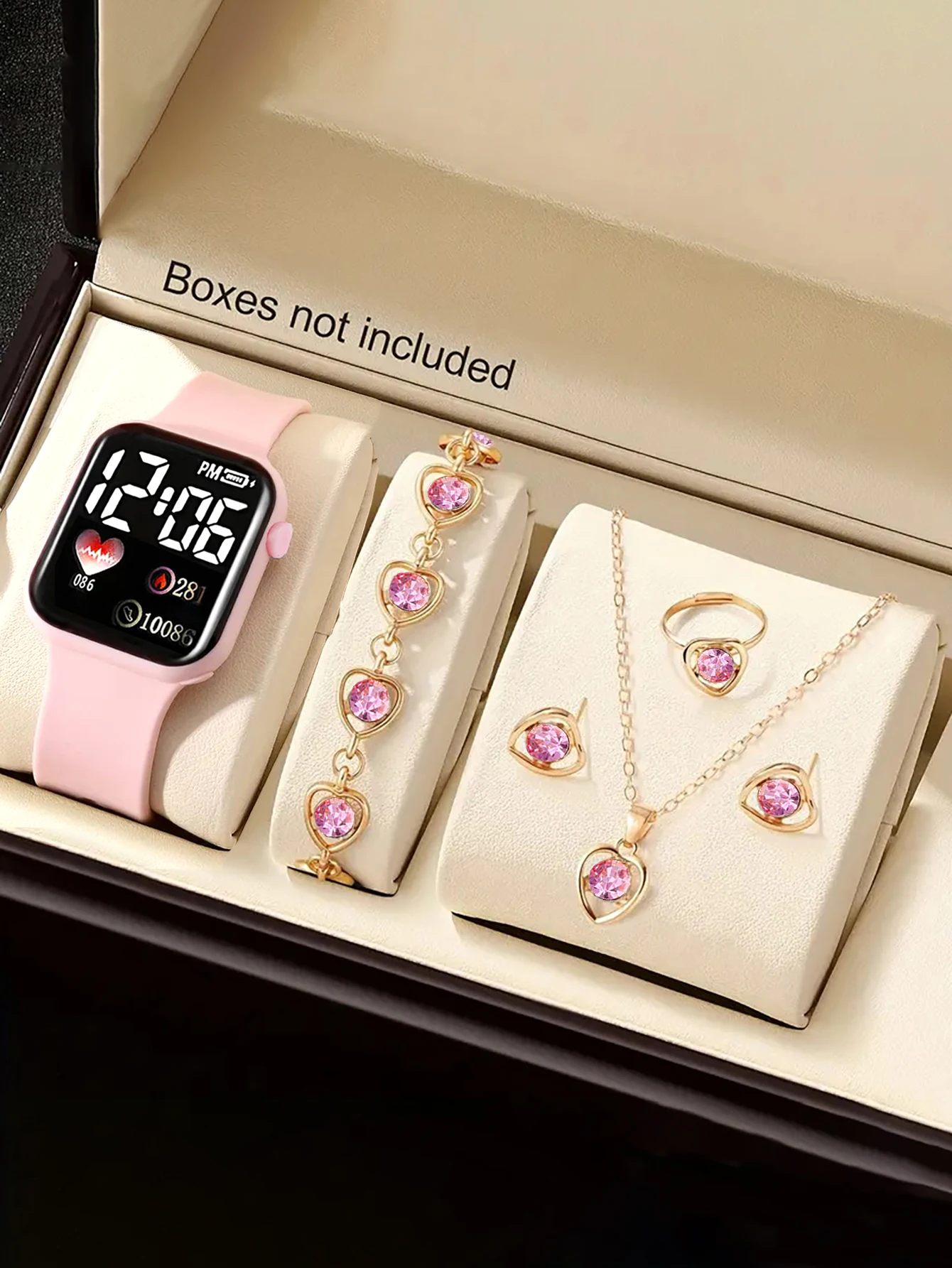 Ladies, Simple LED electronic watch and jewelry set, fashionable wristwatch, without smart functions, decorative pattern design
Ladies, Simple LED electronic watch and jewelry set, fashionable wristwatch, without smart functions, decorative pattern design
