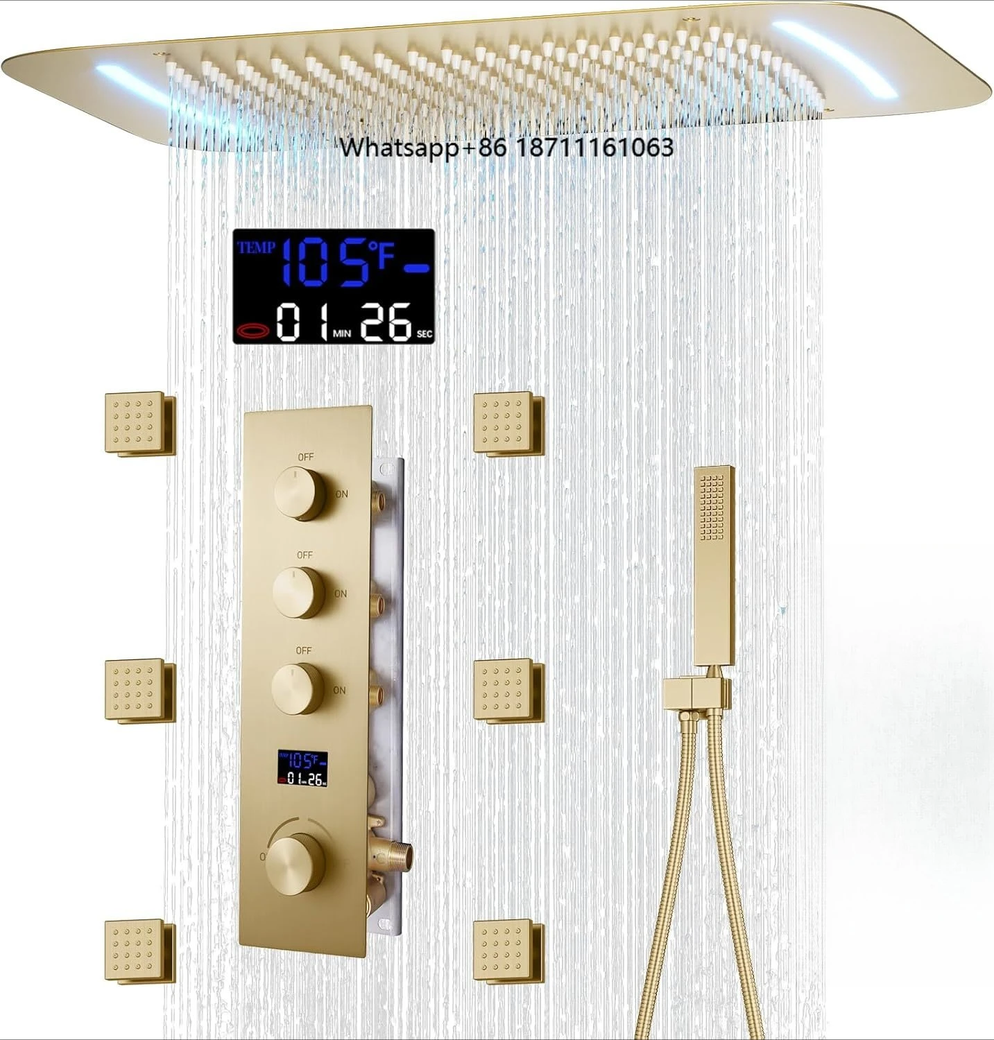 Brushed Brass & Stainless Steel Thermostatic Shower System with Digital Display Rainfall Waterfall Spray Patterns Modern Design
Brushed Brass & Stainless Steel Thermostatic Shower System with Digital Display Rainfall Waterfall Spray Patterns Modern Design