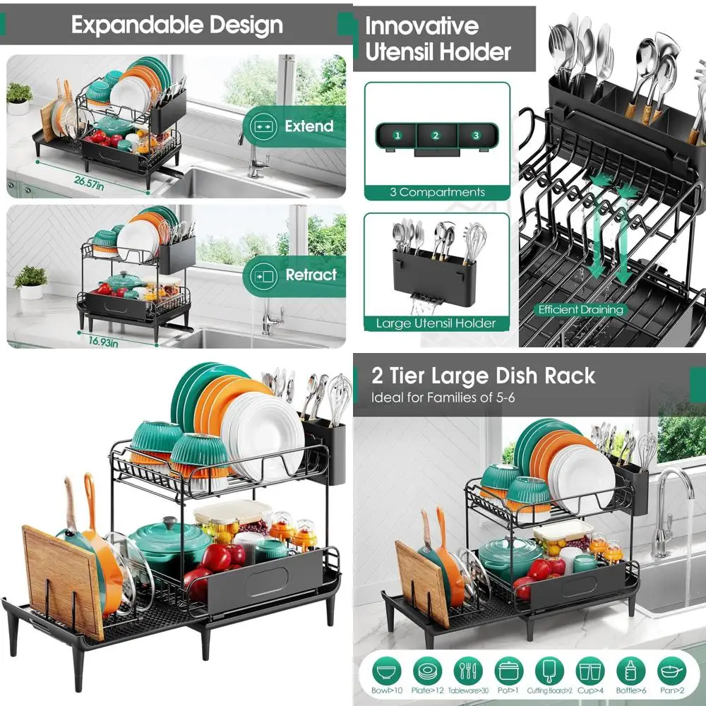 Разборная 2-уровневая сушилка для посуды, большая вместимость, черная, с поддоном и съемным держателем для столовых приборов
Разборная 2-уровневая сушилка для посуды, большая вместимость, черная, с поддоном и съемным держателем для столовых приборов