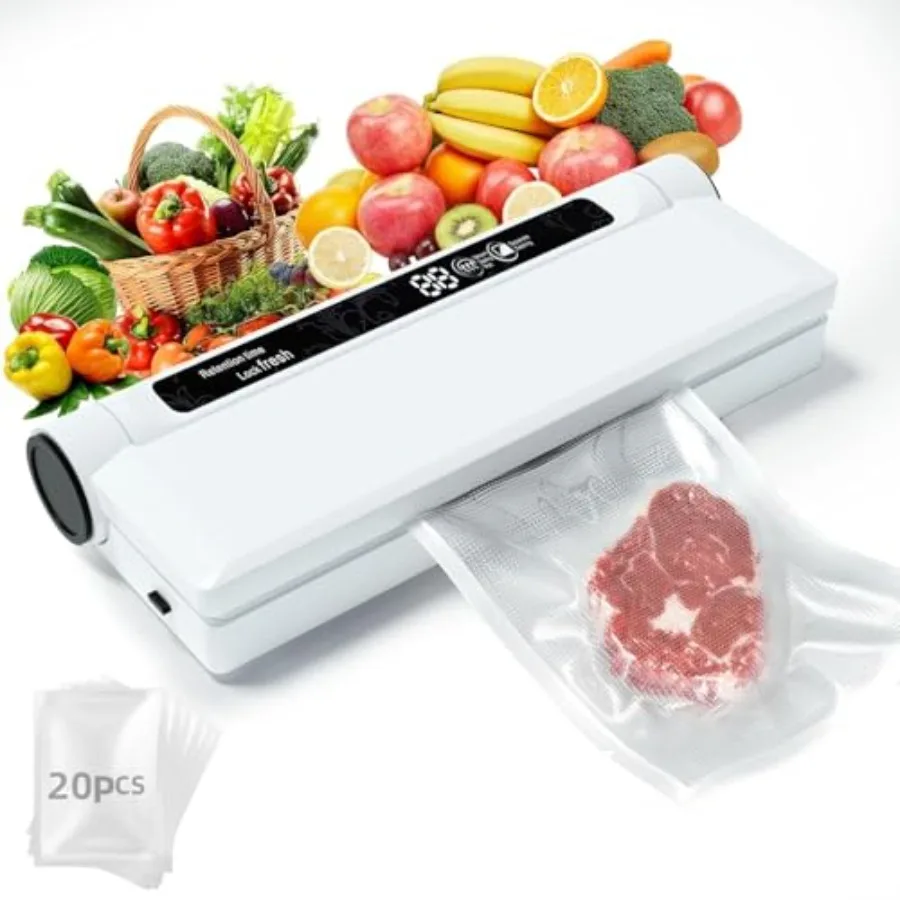 Compact food vacuum sealer for home kitchen use, white ABS plastic, 75KPA suction power, LED digital timer, dry/moist modes, in
Compact food vacuum sealer for home kitchen use, white ABS plastic, 75KPA suction power, LED digital timer, dry/moist modes, in