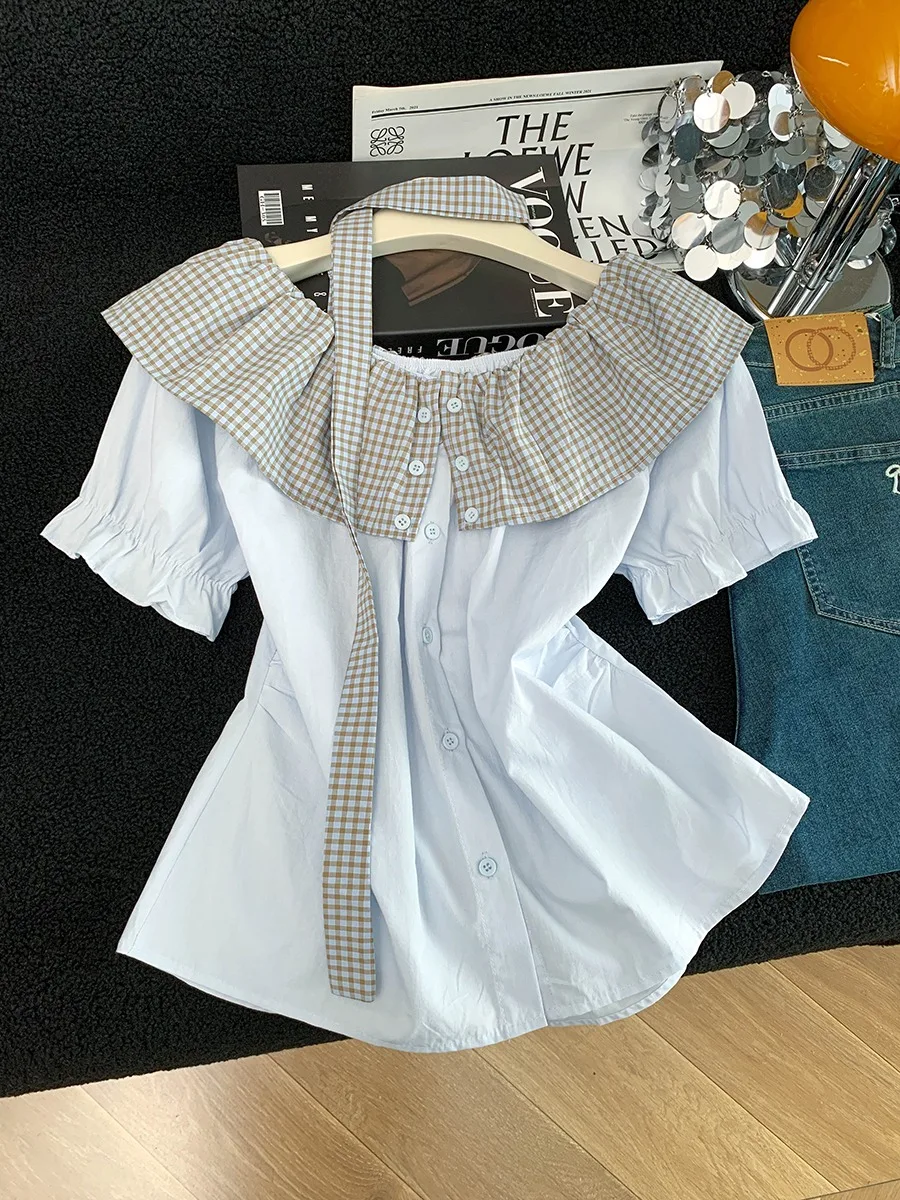 Light Blue Plaid Splice Sash One Shoulder Short Sleeve Shirt Women's Summer New Style Commute Casual Standard Fit T-shirt
Light Blue Plaid Splice Sash One Shoulder Short Sleeve Shirt Women's Summer New Style Commute Casual Standard Fit T-shirt