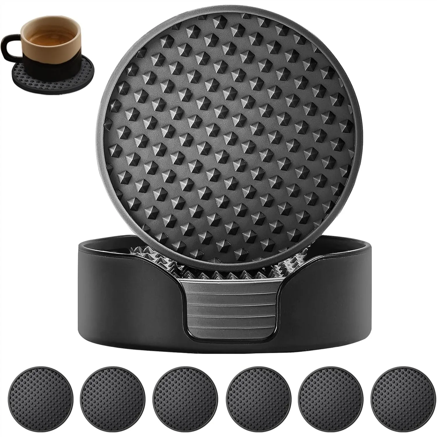 Silicone Coasters 6 Pack with Holder, Non-Slip Heat Resistant Cup Mat for Home Office Bar
Silicone Coasters 6 Pack with Holder, Non-Slip Heat Resistant Cup Mat for Home Office Bar