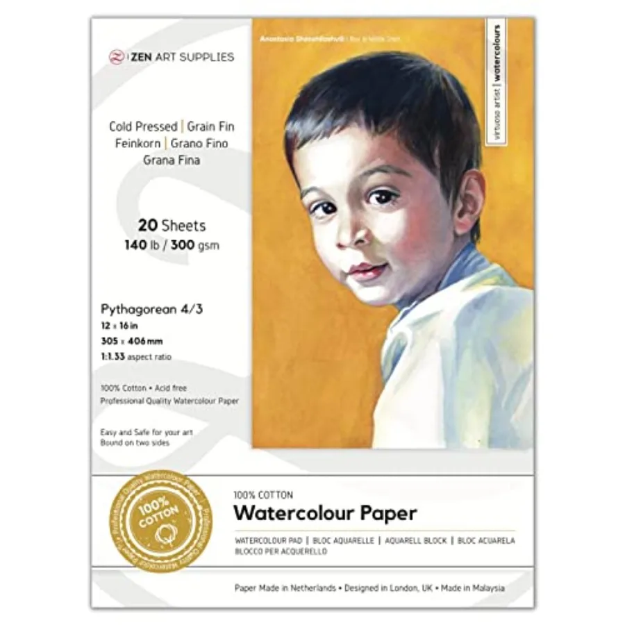 Watercolor Paper Block 12x16 in ZenART 100% Cotton Watercolor Paper, Cold Pressed 140 lb/ 300 GSM, Acid-Free, 20 Sheets, Thick
Watercolor Paper Block 12x16 in ZenART 100% Cotton Watercolor Paper, Cold Pressed 140 lb/ 300 GSM, Acid-Free, 20 Sheets, Thick