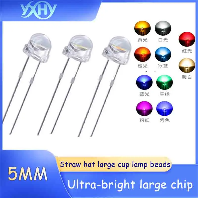 Ultra-bright large chip F5mm straw hat large cup LED lamp beads in red, white, yellow, blue, green, and purple, through-hole LED
Ultra-bright large chip F5mm straw hat large cup LED lamp beads in red, white, yellow, blue, green, and purple, through-hole LED