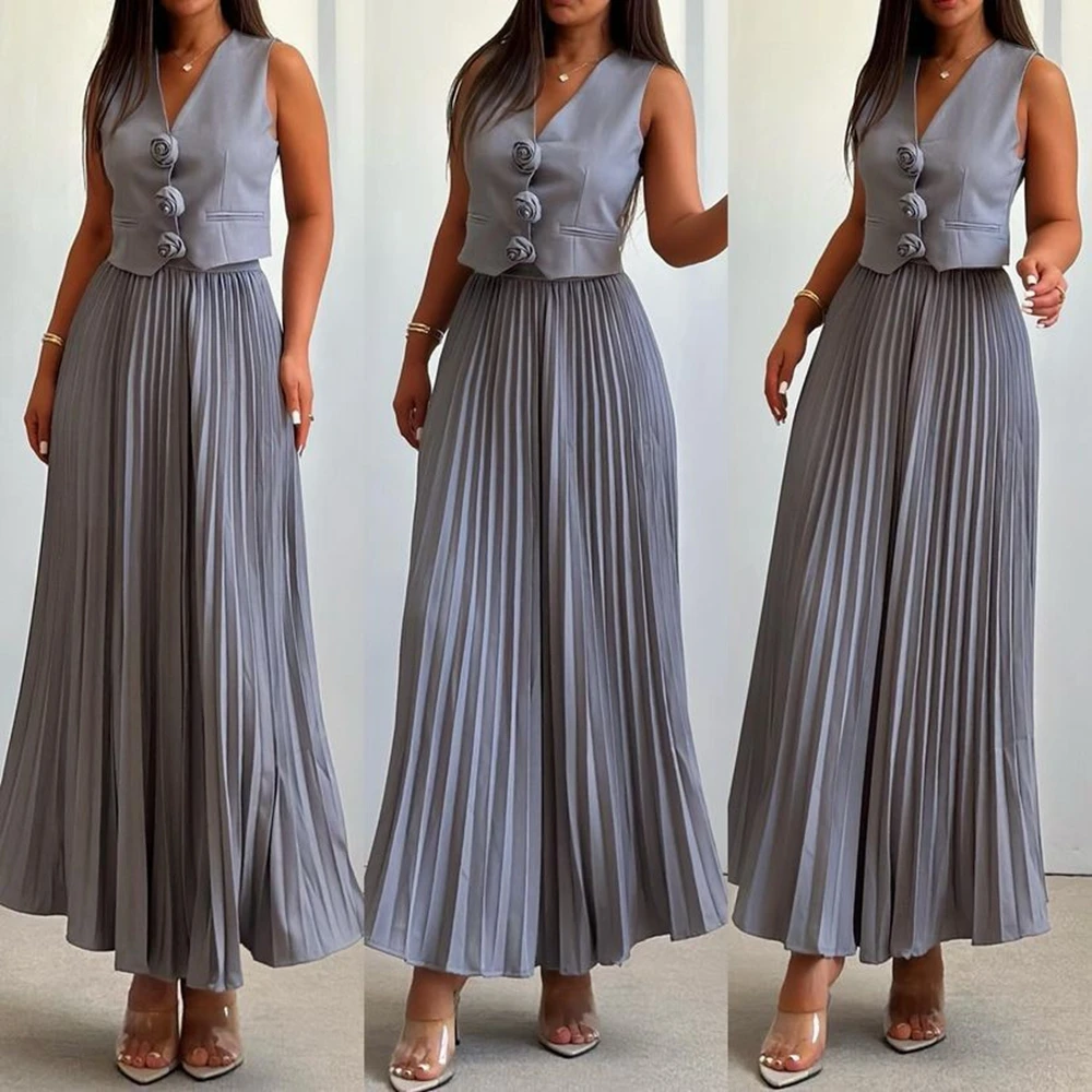 Summer Casual Tied Floral Decor Sleeveless V-Neck Blazer Vest and Pleated Maxi Skirts Set Two Pieces Slim Outfits
Summer Casual Tied Floral Decor Sleeveless V-Neck Blazer Vest and Pleated Maxi Skirts Set Two Pieces Slim Outfits
