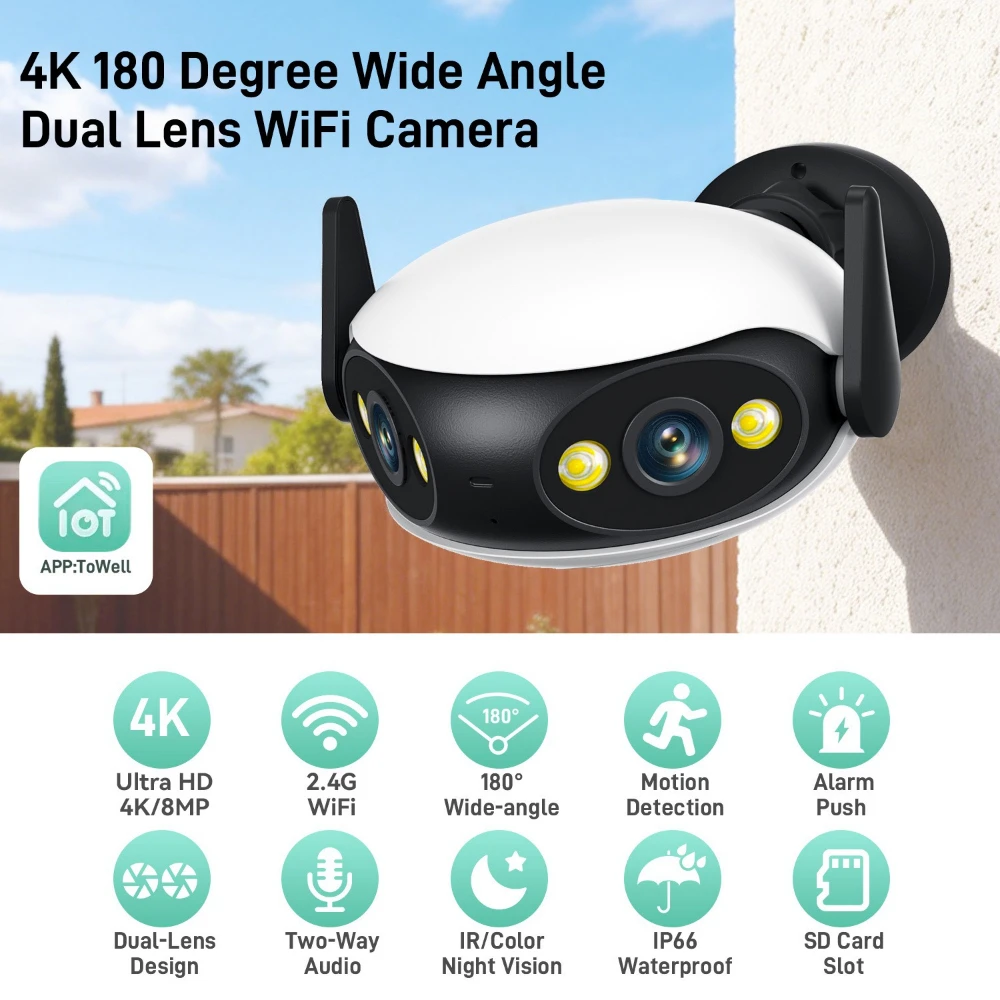 8MP Outdoor WiFi Panoramic Camera 180° Wide Angle Night Vision Motion Detection 4K Security Surveillance Video Camera
8MP Outdoor WiFi Panoramic Camera 180° Wide Angle Night Vision Motion Detection 4K Security Surveillance Video Camera