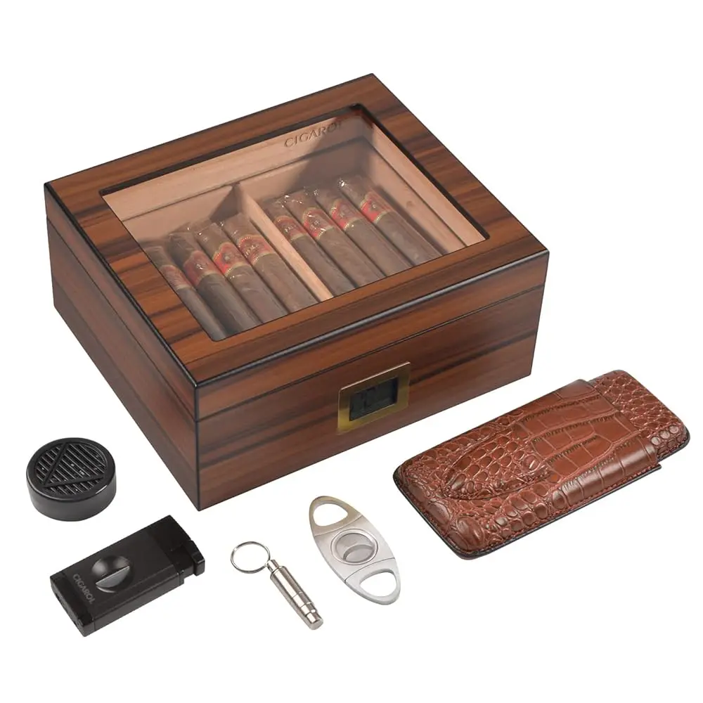 Handcraft Cigar Kits with Cutter and Lighter, Luxurious Humidor Cigar Box Hold 30-50 Cigars 100% Cedar Wood Case with Digital
Handcraft Cigar Kits with Cutter and Lighter, Luxurious Humidor Cigar Box Hold 30-50 Cigars 100% Cedar Wood Case with Digital