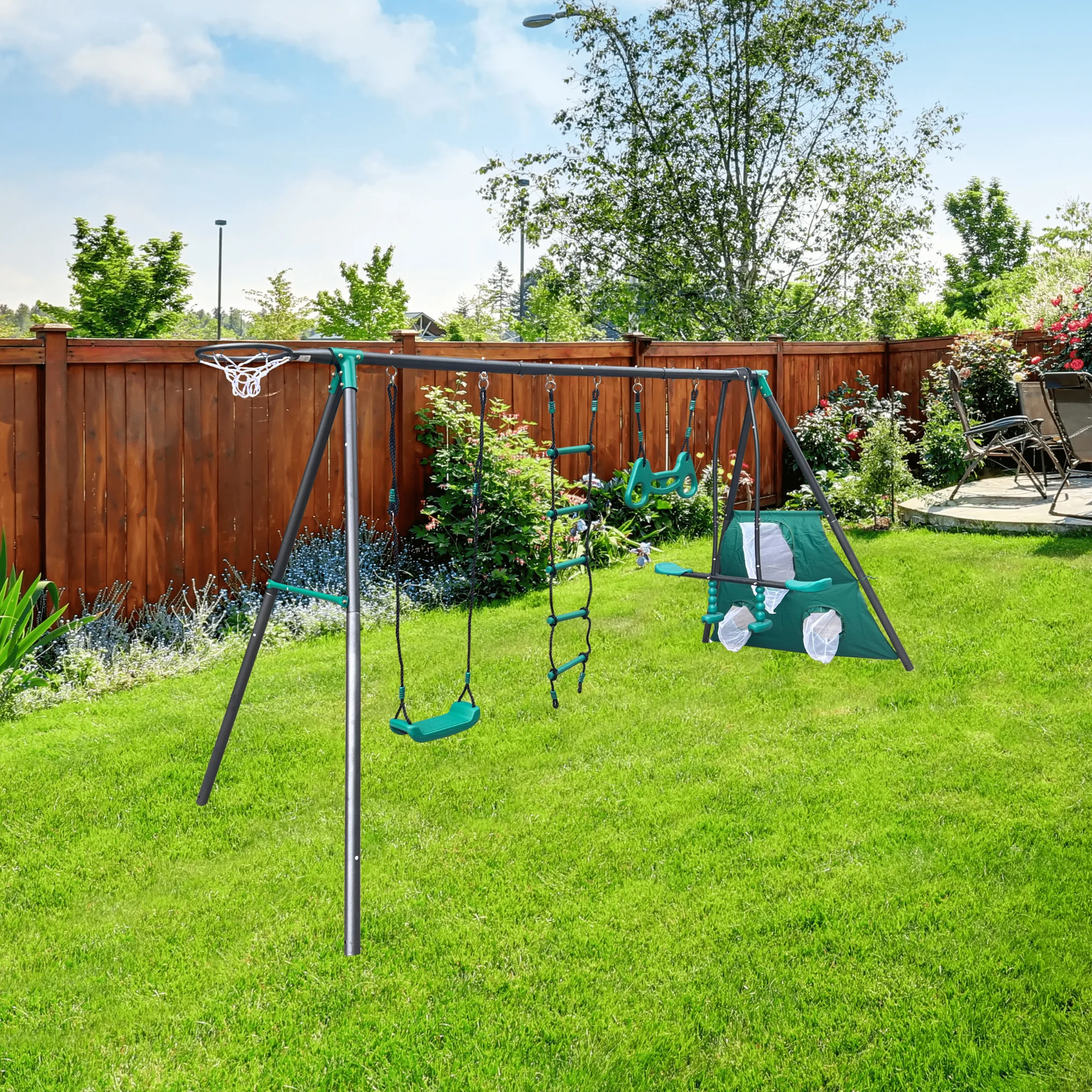 XNS076 blackish green interesting four function swingset with face to face metal plastic safe swing seat 550lbs for outdoor play
XNS076 blackish green interesting four function swingset with face to face metal plastic safe swing seat 550lbs for outdoor play
