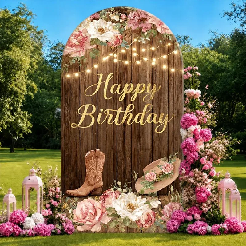 Single Side Arch Backdrop Cover Rustic Wooden Arch Birthday Backdrop with Floral Arrangements Cowboy Boot Hat String Lights
Single Side Arch Backdrop Cover Rustic Wooden Arch Birthday Backdrop with Floral Arrangements Cowboy Boot Hat String Lights