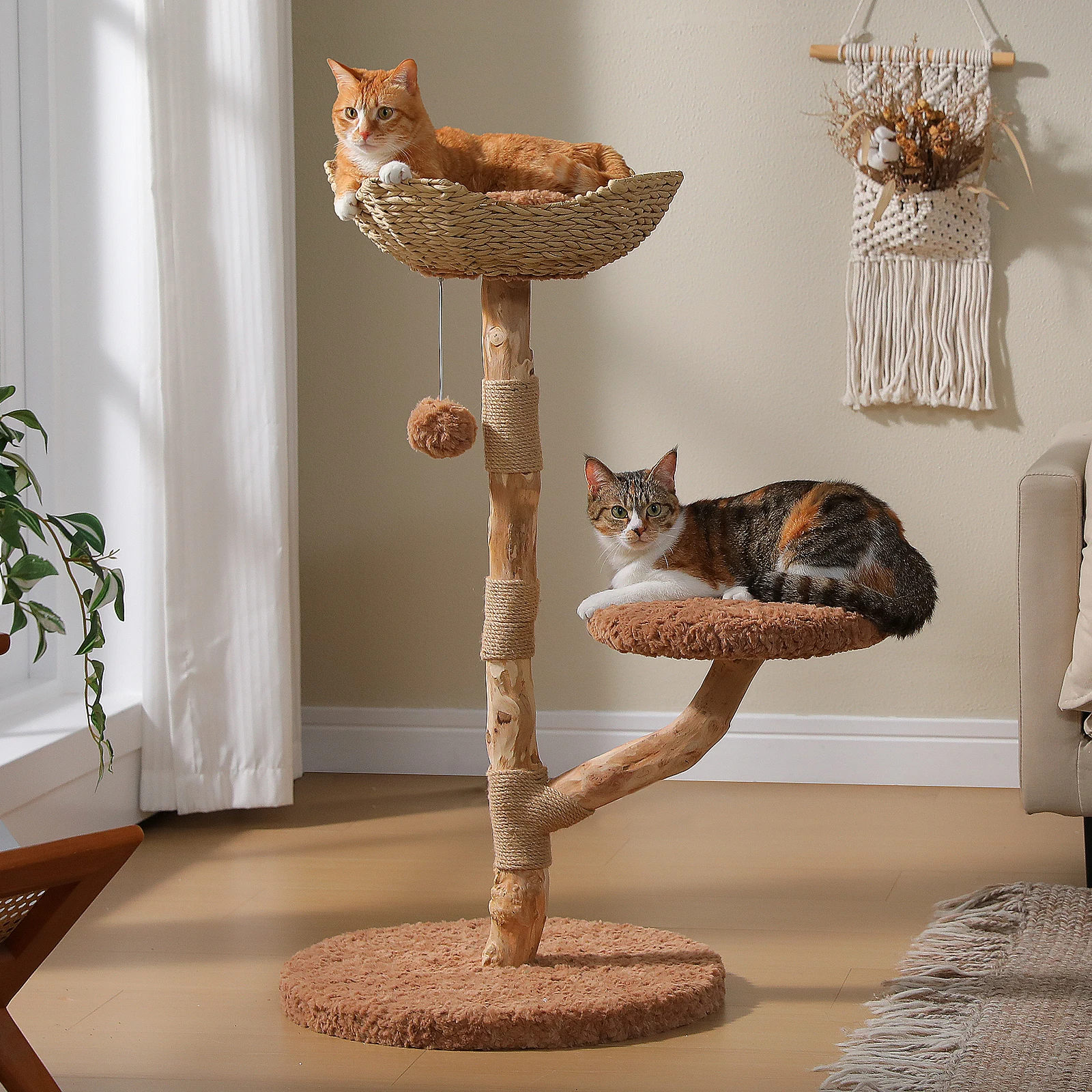 Wood Cat Tree with Wicker Basket Bed Sisal Scratching Posts Modern Cat Tower with Real Wood Branches Hanging Balls Luxury Boho Cat Furniture for Indoor Cat Toys
Wood Cat Tree with Wicker Basket Bed Sisal Scratching Posts Modern Cat Tower with Real Wood Branches Hanging Balls Luxury Boho Cat Furniture for Indoor Cat Toys