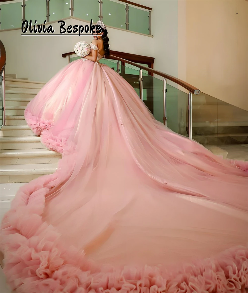 Princess Pink Tulle Ruched Train Quinceanera Dress Ball Gown Beaded Applique Mexican Wedding vestido de 15 años Customized
Princess Pink Tulle Ruched Train Quinceanera Dress Ball Gown Beaded Applique Mexican Wedding vestido de 15 años Customized