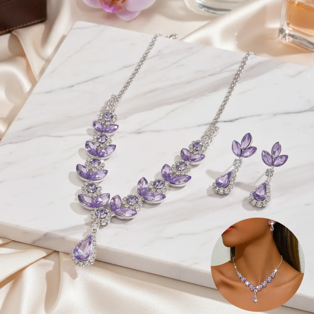 3pcs Purple Shiny Waterdrop Necklace Sets for Women Collar Choker Necklace Earring Jewelry Set for Prom Birthday Bridal Wedding
3pcs Purple Shiny Waterdrop Necklace Sets for Women Collar Choker Necklace Earring Jewelry Set for Prom Birthday Bridal Wedding