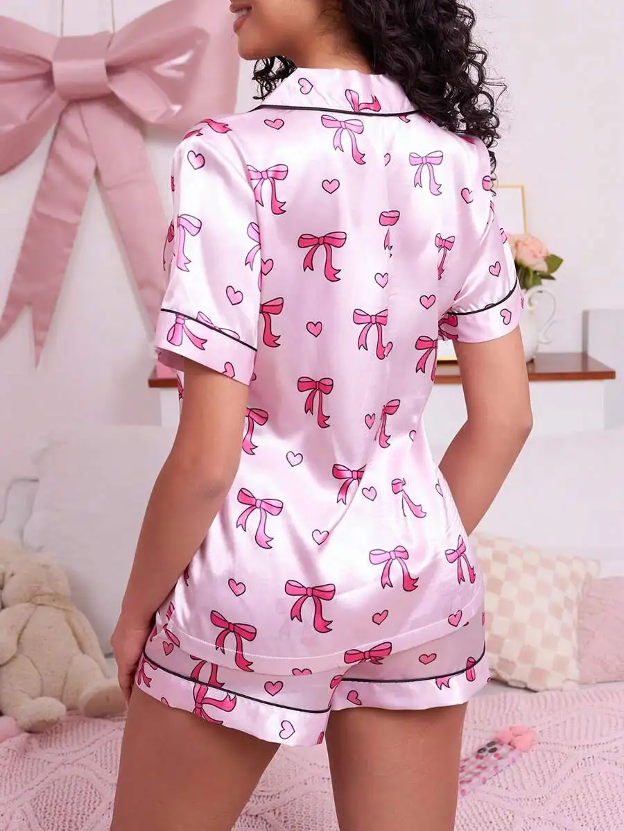Pink Satin Sleepwear Set For Women: Short Sleeve Top And Shorts With Playful Heart And Bowknot Pattern, Cozy Elegant Fall Winter
Pink Satin Sleepwear Set For Women: Short Sleeve Top And Shorts With Playful Heart And Bowknot Pattern, Cozy Elegant Fall Winter