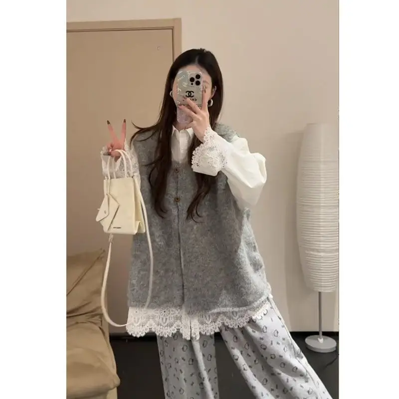 Ele Lazy Sle Women's Faion Set Loose Lace irt Wide Leg Pants Tee Piece Set Long Sve Collar Casual Wear
Ele Lazy Sle Women's Faion Set Loose Lace irt Wide Leg Pants Tee Piece Set Long Sve Collar Casual Wear