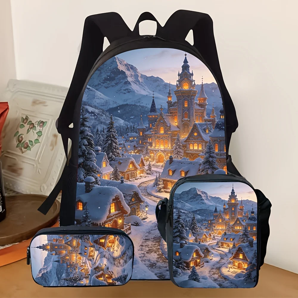 3pcs 2D Flat Backpack Set with Winter Snow Castle Village Print Including Crossbody Bag And Pencil Case Suitable for Daily Schoo
3pcs 2D Flat Backpack Set with Winter Snow Castle Village Print Including Crossbody Bag And Pencil Case Suitable for Daily Schoo